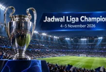 Jadwal Liga Champions 4-5 November 2026 Ilustrasi AI trofi Liga Champions di stadion pada malam hari dengan teks Jadwal Liga Champions 4-5 November 2026