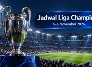 Jadwal Liga Champions 4-5 November 2026 Ilustrasi AI trofi Liga Champions di stadion pada malam hari dengan teks Jadwal Liga Champions 4-5 November 2026