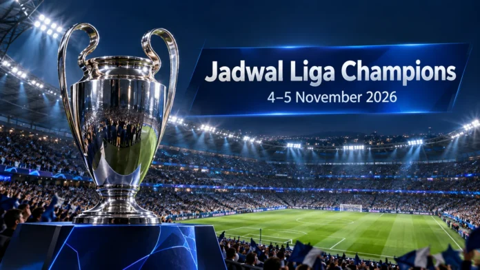 Ilustrasi AI trofi Liga Champions di stadion pada malam hari dengan teks Jadwal Liga Champions 4-5 November 2026